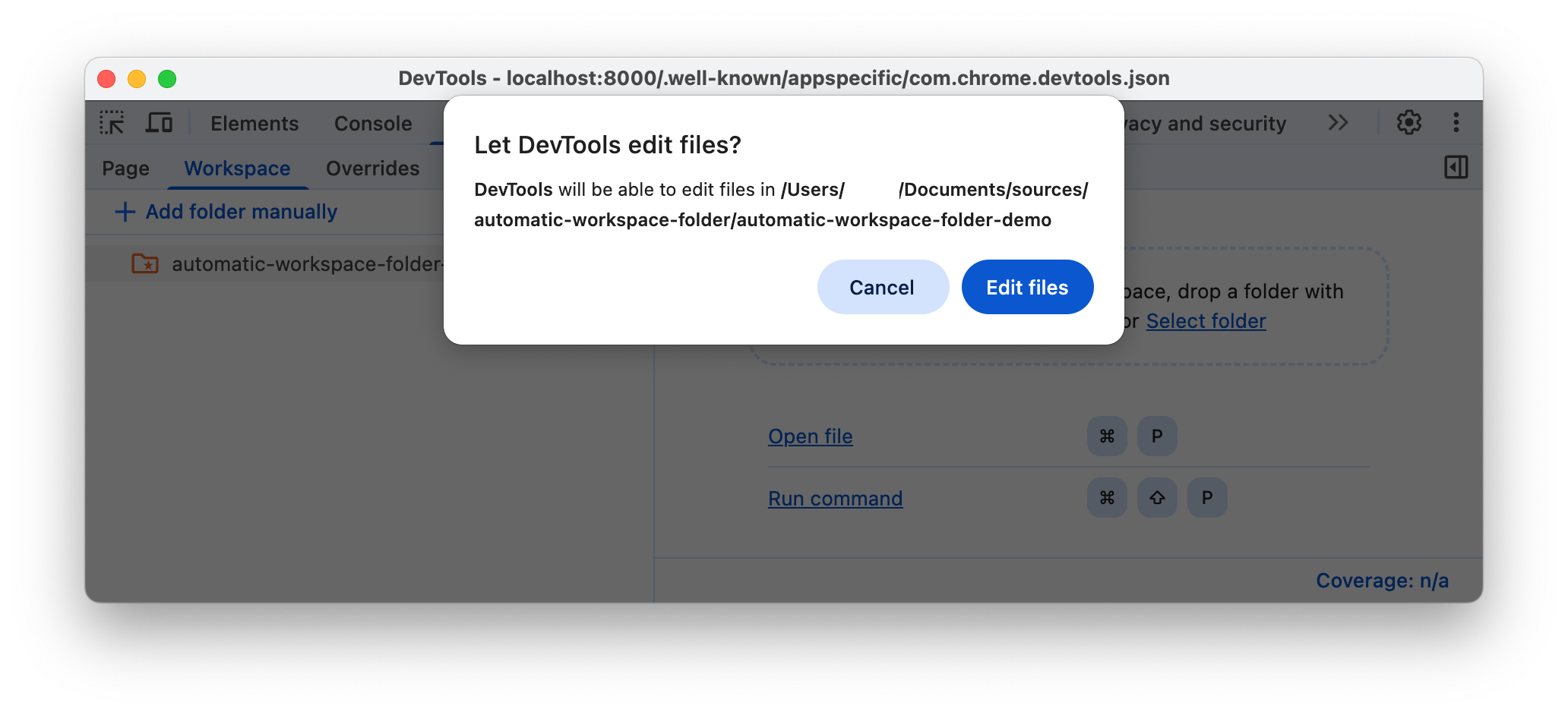 Prompt to let DevTools access the folder.